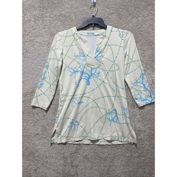 J. McLaughlin Catalina Cloth Top 3/4 Sleeve V-Neck Tunic Beads & Tree Size Small - Picture 1 of 12
